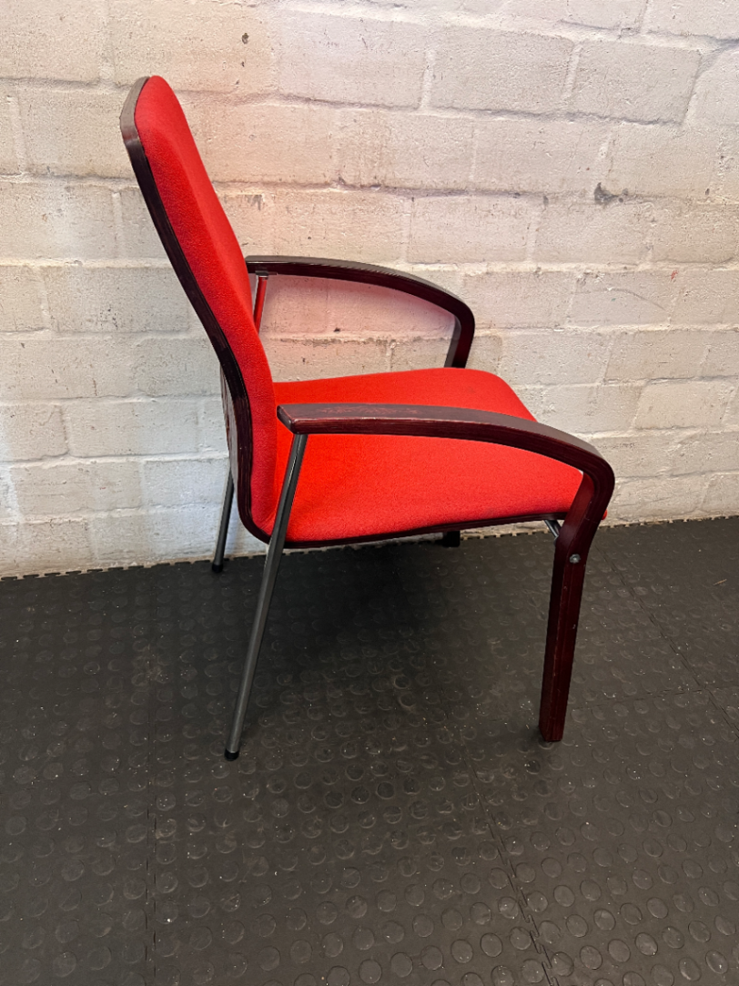 Red Fabric Reception Chair with Dark Wood Frame — Scuffed Armrests and Fair Used Condition - 2ndhandwarehouse.com