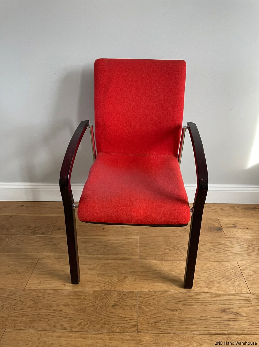 Red Fabric Reception Chair with Dark Wood Frame — Scuffed Armrests and Fair Used Condition - 2ndhandwarehouse.com