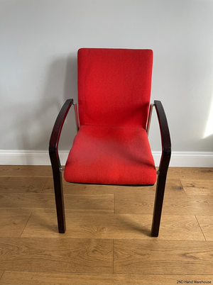 Red Fabric Reception Chair with Dark Wood Frame — Scuffed Armrests and Fair Used Condition - 2ndhandwarehouse.com