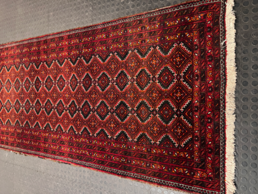 Red Geometric Diamond Pattern Kelim Runner — Used; Fair Condition
