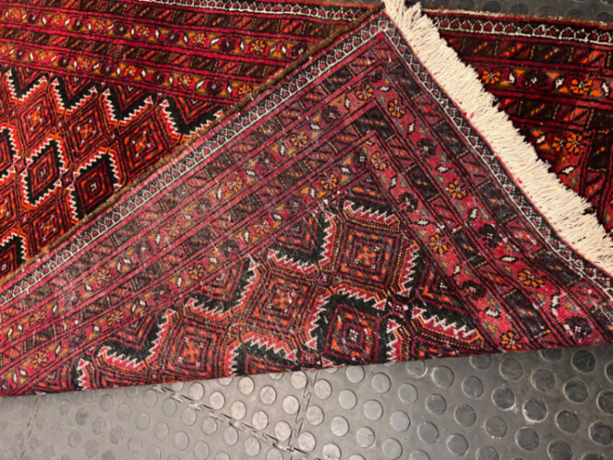 Red Geometric Diamond Pattern Kelim Runner — Used; Fair Condition