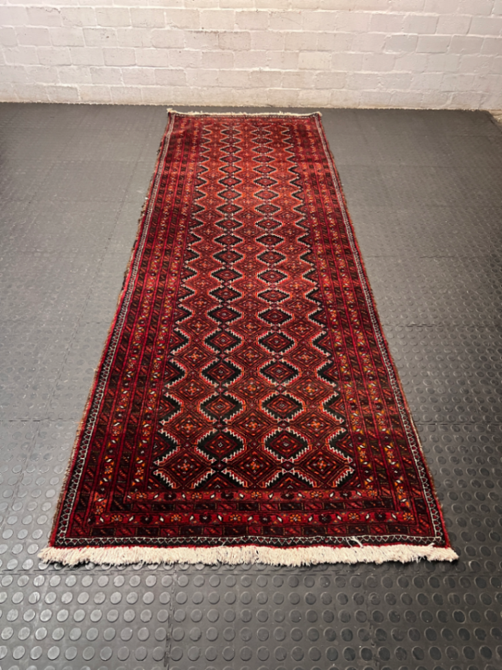 Red Geometric Diamond Pattern Kelim Runner — Used; Fair Condition
