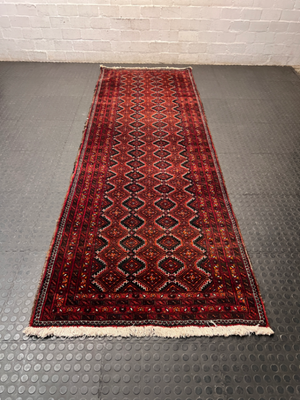 Red Geometric Diamond Pattern Kelim Runner — Used; Fair Condition