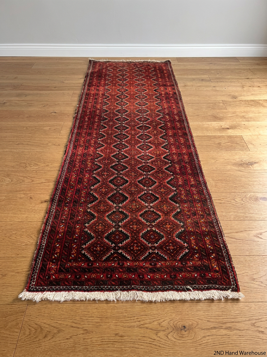 Red Geometric Diamond Pattern Kelim Runner — Used; Fair Condition