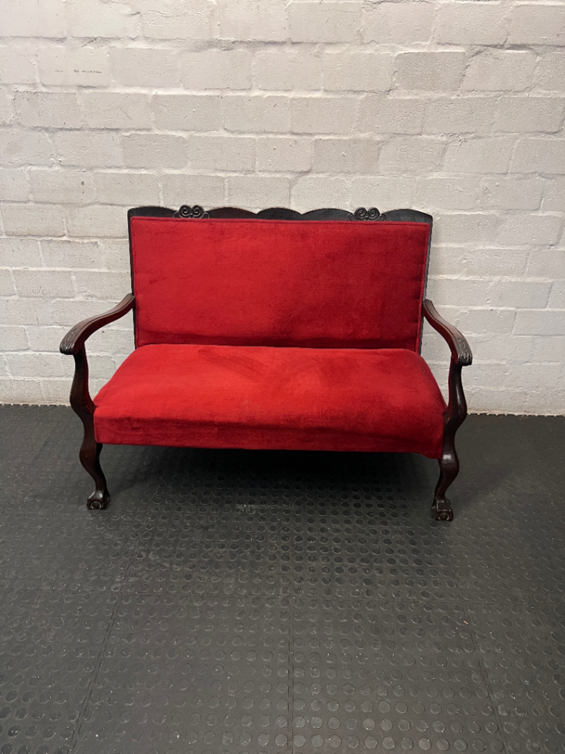 Red Velvet 2 Seater Couch with Ball & Claw Legs — Fair to Good Condition