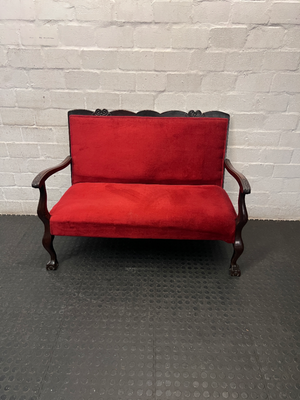 Red Velvet 2 Seater Couch with Ball & Claw Legs — Fair to Good Condition