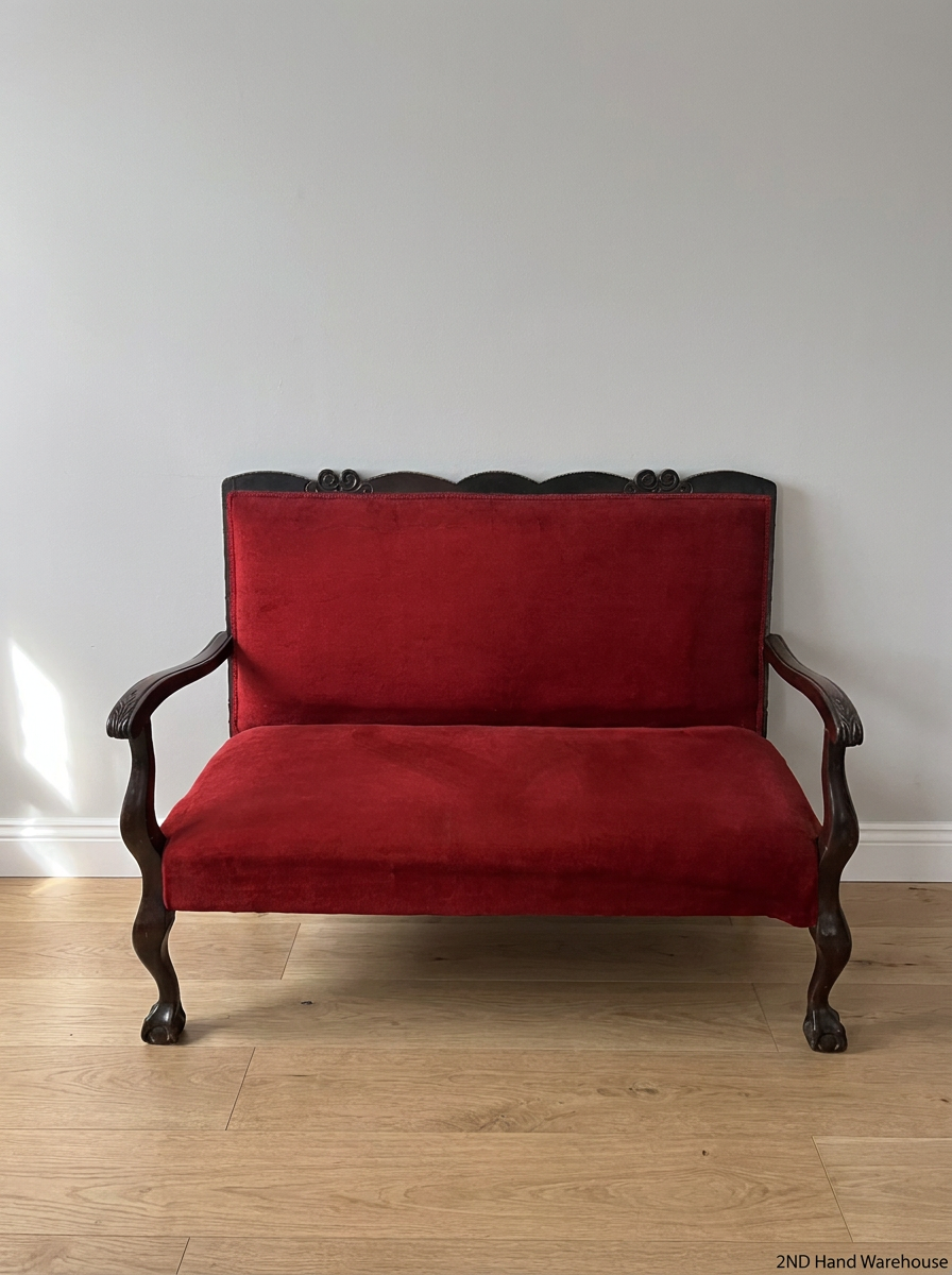 Red Velvet 2 Seater Couch with Ball & Claw Legs — Fair to Good Condition