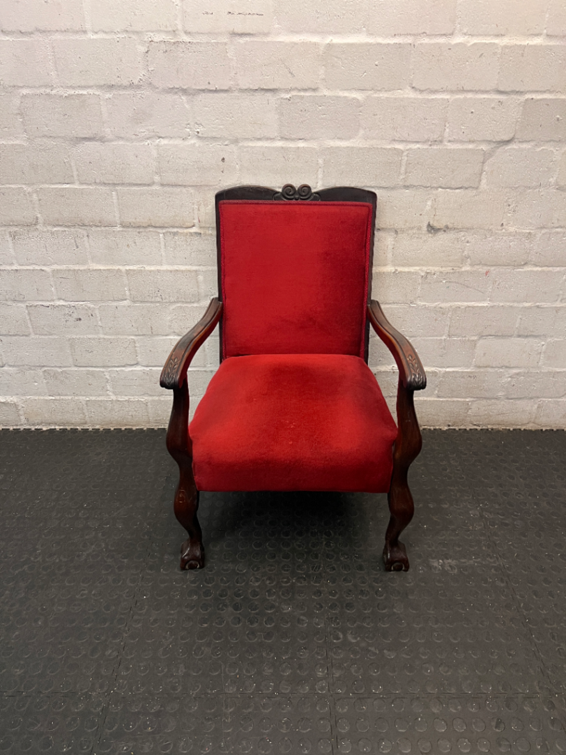 Red Velvety Upholstered Armchair with Carved Wood Frame — Fair to Good Condition