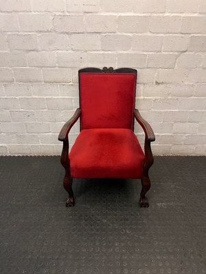 Red Velvety Upholstered Armchair with Carved Wood Frame — Fair to Good Condition