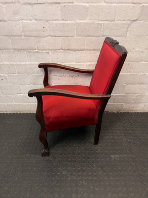 Red Velvety Upholstered Armchair with Carved Wood Frame — Fair to Good Condition