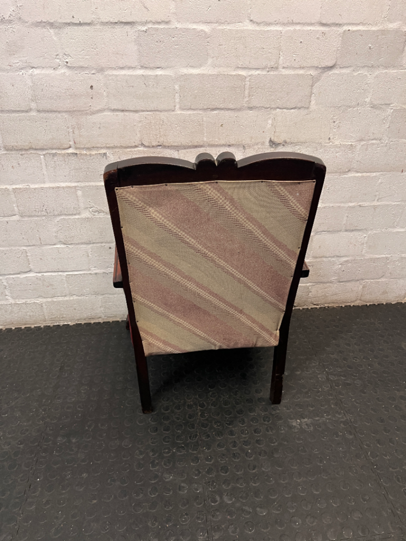 Red Velvety Upholstered Armchair with Carved Wood Frame — Fair to Good Condition