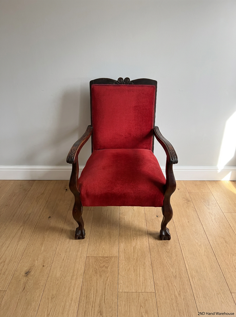 Red Velvety Upholstered Armchair with Carved Wood Frame — Fair to Good Condition