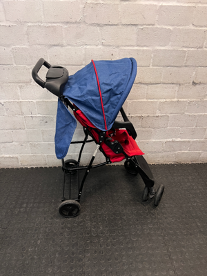 Red and Navy Four-Wheel Stroller with Snack Tray — Fair Condition with Signs of Use