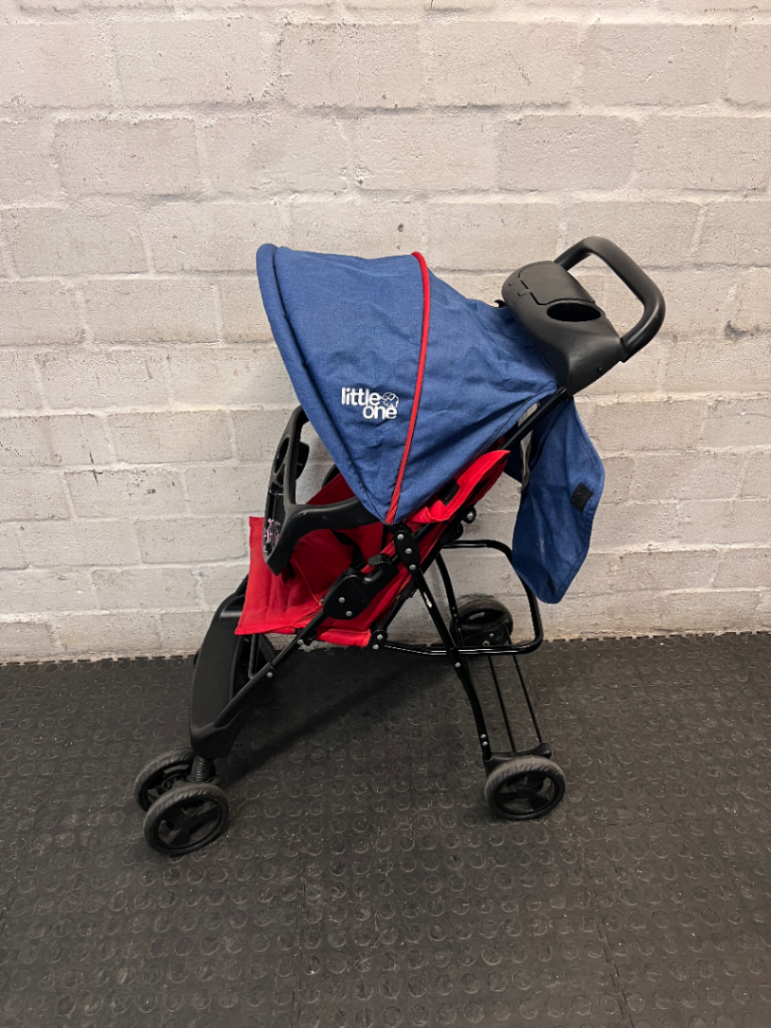 Red and Navy Four-Wheel Stroller with Snack Tray — Fair Condition with Signs of Use