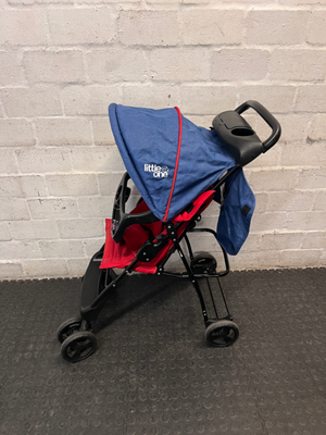 Red and Navy Four-Wheel Stroller with Snack Tray — Fair Condition with Signs of Use
