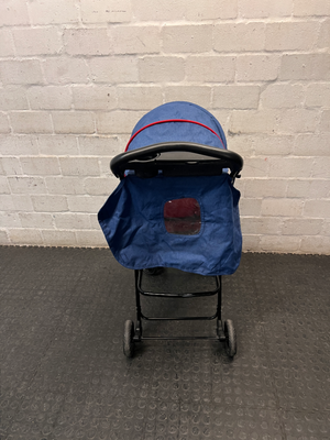 Red and Navy Four-Wheel Stroller with Snack Tray — Fair Condition with Signs of Use