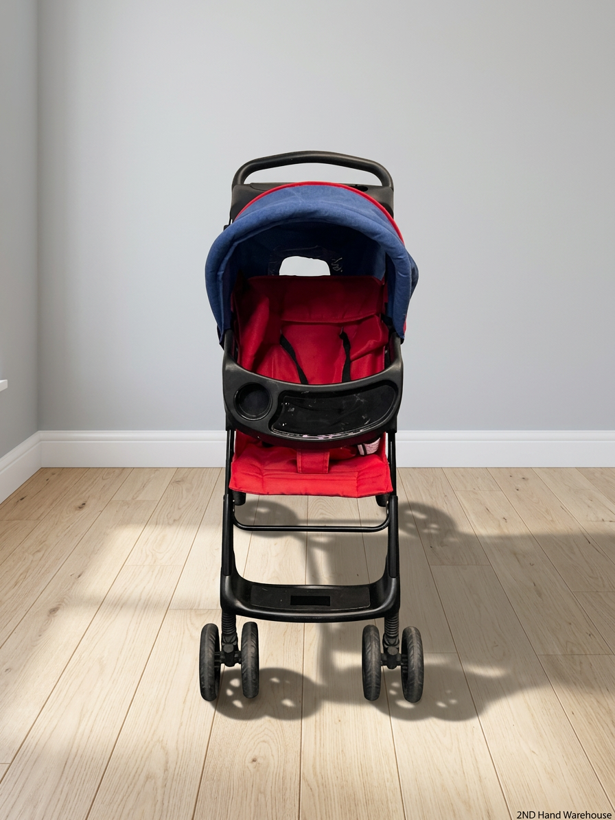 Red and Navy Four-Wheel Stroller with Snack Tray — Fair Condition with Signs of Use