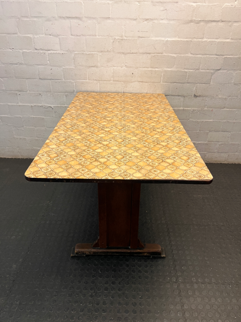 Retro Patterned Top Dining Table with Trestle Base