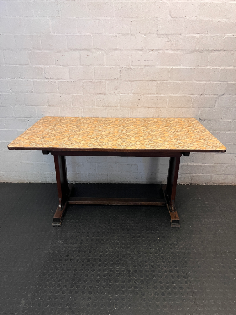 Retro Patterned Top Dining Table with Trestle Base