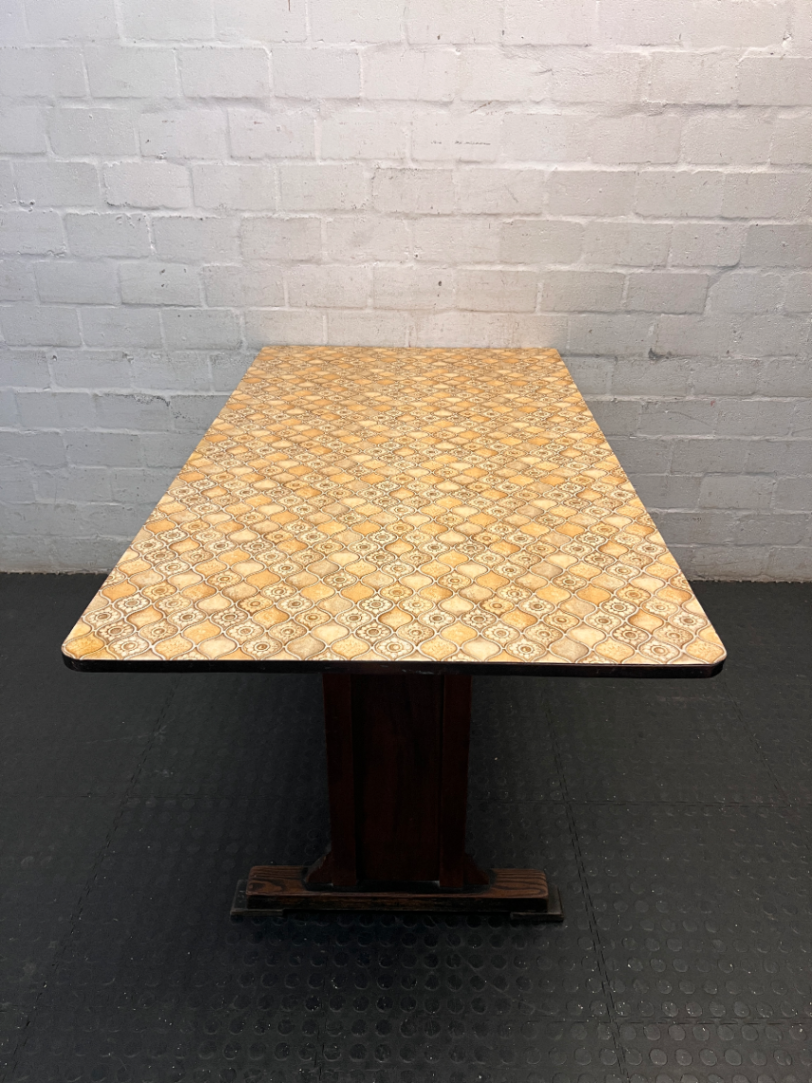 Retro Patterned Top Dining Table with Trestle Base