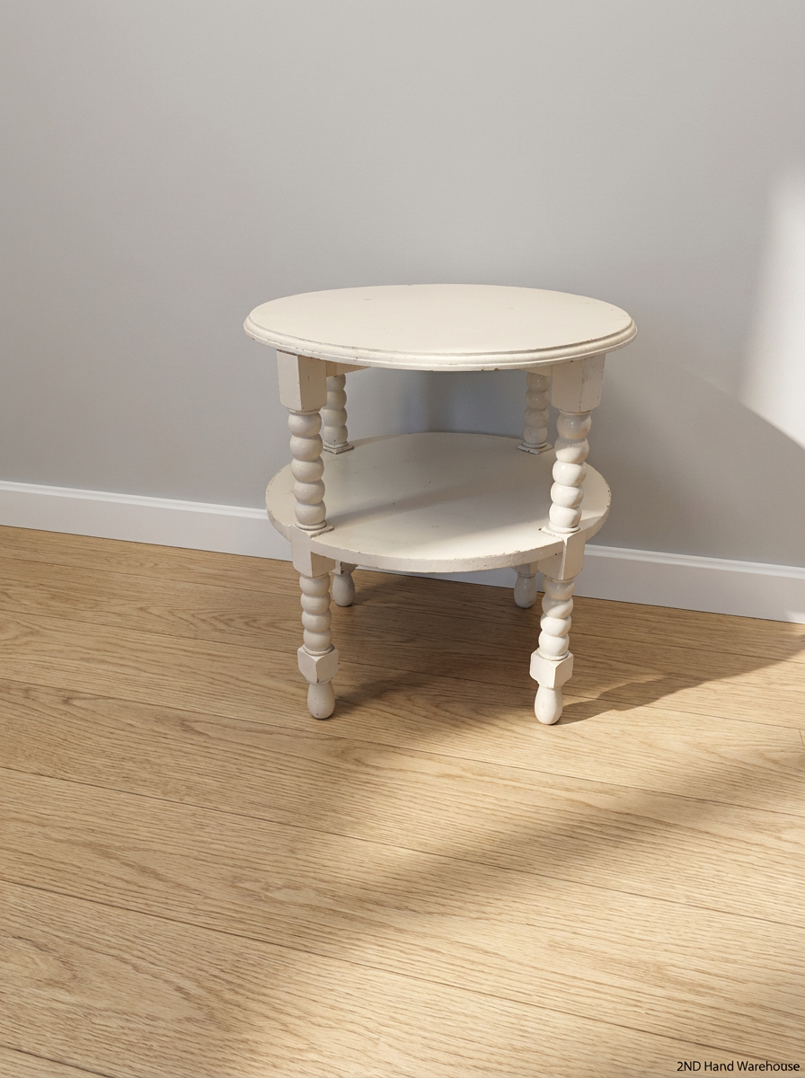 Round 2-Tier White Side Table - Fair Condition, Visible Chipping - 2ndhandwarehouse.com