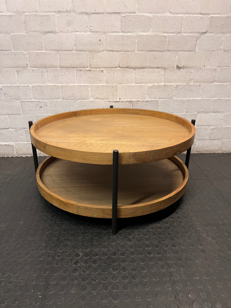 Round Coricraft Double Tier Wood and Metal Coffee Table — Clean and Well-Maintained Condition