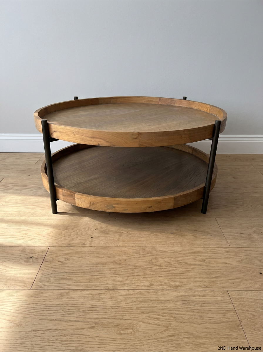 Round Coricraft Double Tier Wood and Metal Coffee Table — Clean and Well-Maintained Condition