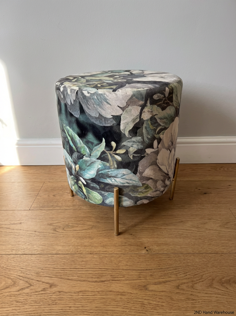 Round Floral Ottoman with Gold Legs - Well Used, Fabric Fatigue - 2ndhandwarehouse.com