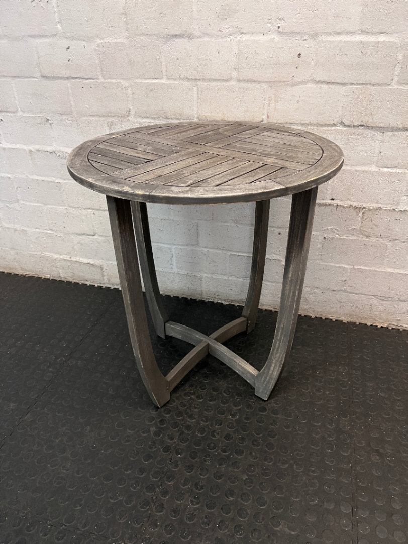 Round Slatted Wooden Outdoor Table with Curved Legs — Weather Exposed with Wear and Tear - 2ndhandwarehouse.com