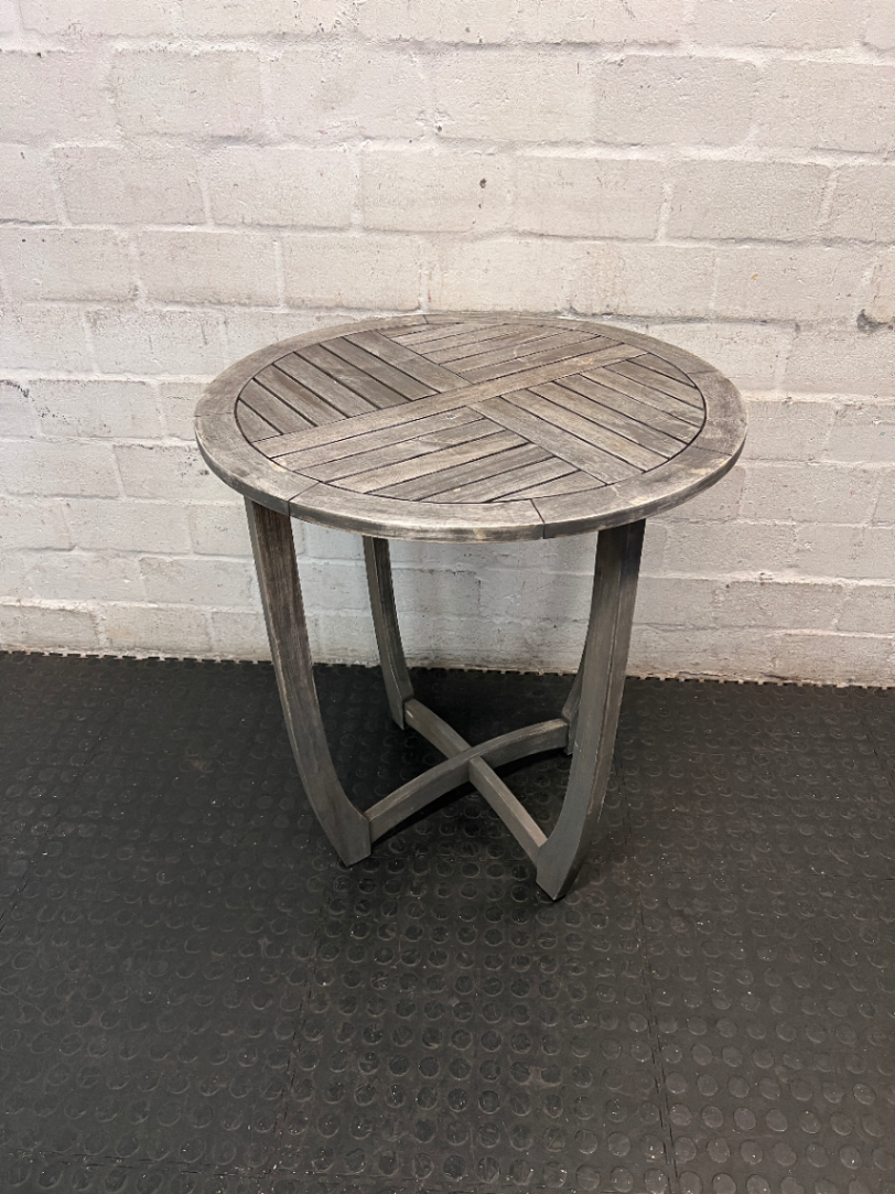 Round Slatted Wooden Outdoor Table with Curved Legs — Weather Exposed with Wear and Tear - 2ndhandwarehouse.com