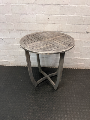 Round Slatted Wooden Outdoor Table with Curved Legs — Weather Exposed with Wear and Tear - 2ndhandwarehouse.com