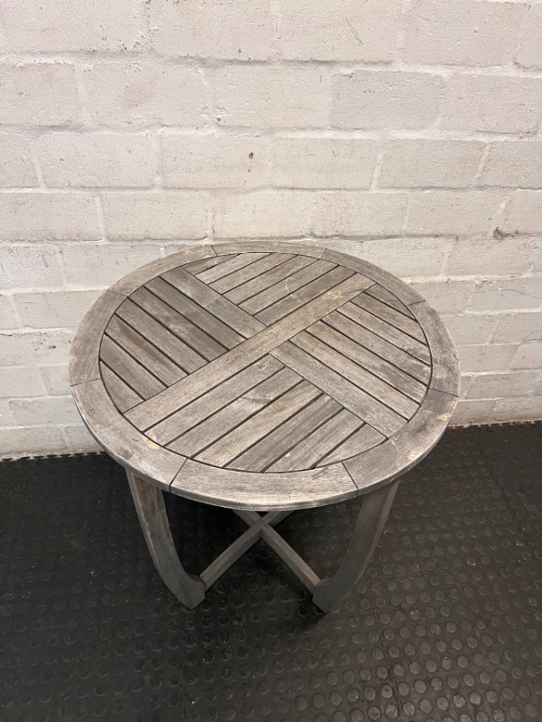 Round Slatted Wooden Outdoor Table with Curved Legs — Weather Exposed with Wear and Tear - 2ndhandwarehouse.com
