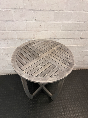 Round Slatted Wooden Outdoor Table with Curved Legs — Weather Exposed with Wear and Tear - 2ndhandwarehouse.com