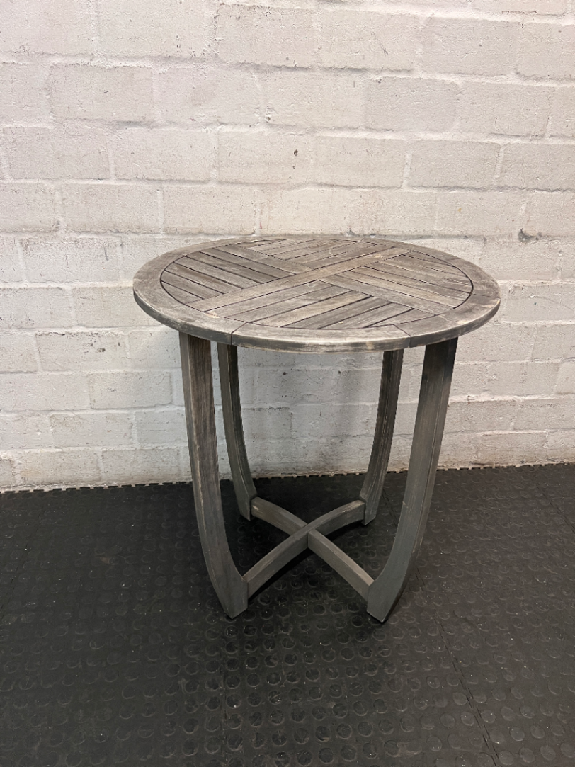 Round Slatted Wooden Outdoor Table with Curved Legs — Weather Exposed with Wear and Tear - 2ndhandwarehouse.com