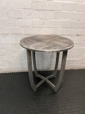 Round Slatted Wooden Outdoor Table with Curved Legs — Weather Exposed with Wear and Tear - 2ndhandwarehouse.com