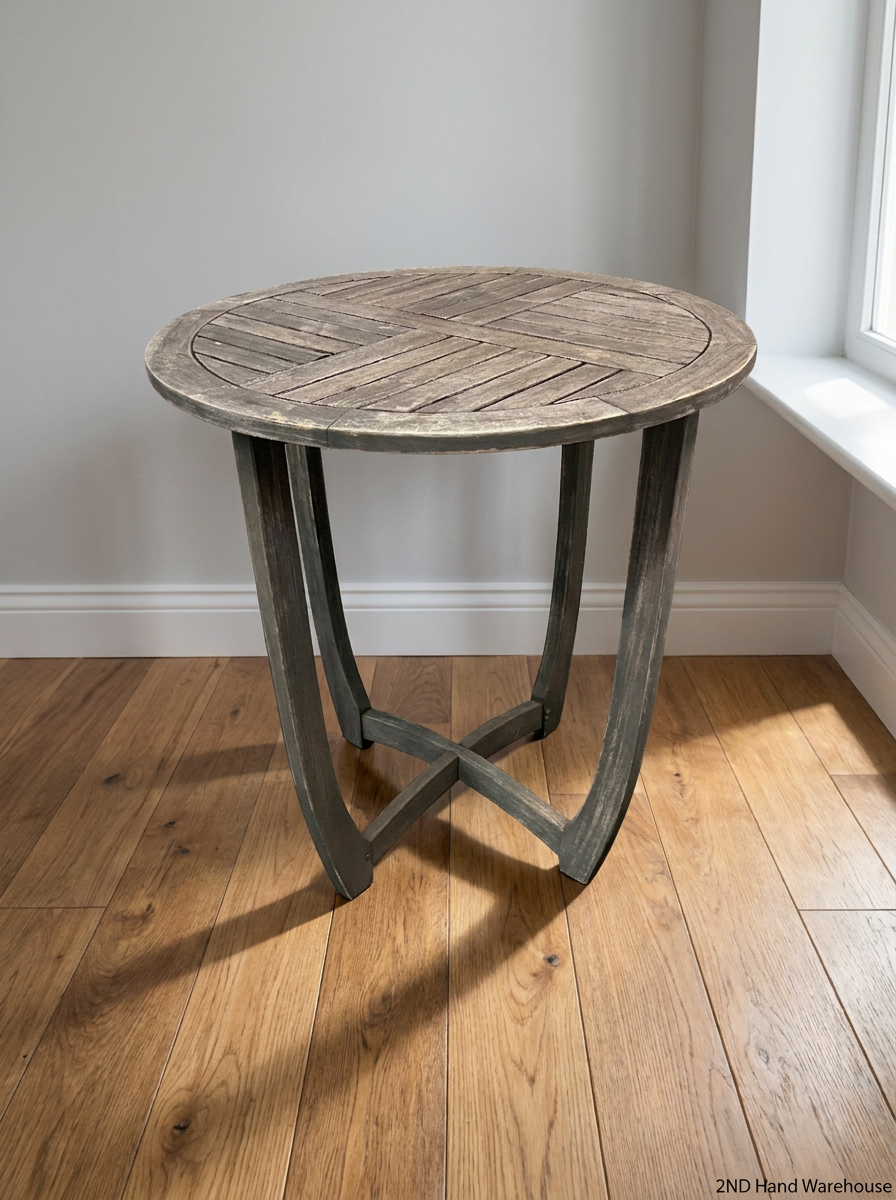 Round Slatted Wooden Outdoor Table with Curved Legs — Weather Exposed with Wear and Tear - 2ndhandwarehouse.com