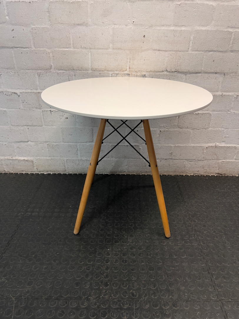 Round White Dining Table with Timber Eiffel Legs — Small Marks on Surface