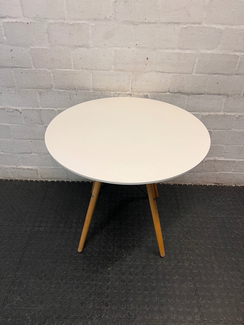 Round White Dining Table with Timber Eiffel Legs — Small Marks on Surface
