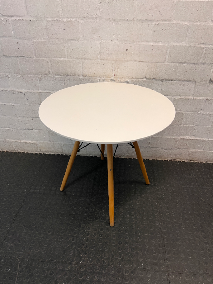 Round White Dining Table with Timber Eiffel Legs — Small Marks on Surface