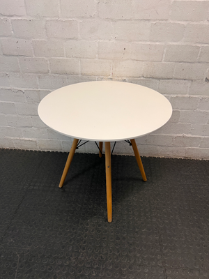 Round White Dining Table with Timber Eiffel Legs — Small Marks on Surface
