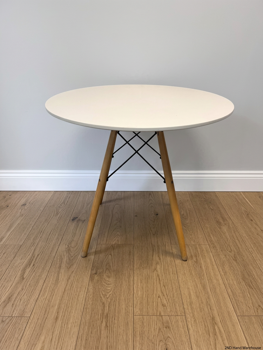 Round White Dining Table with Timber Eiffel Legs — Small Marks on Surface