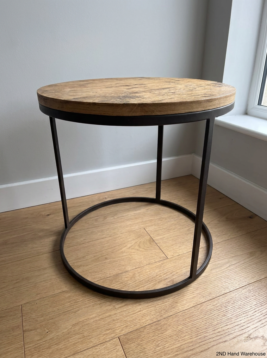 Round Wood and Steel Side Table — Good Pre-owned Condition