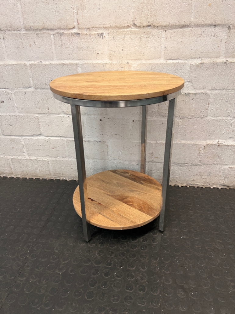 Round Wooden and Chrome Side Table with Lower Shelf — Fair Condition with Visible Wear - 2ndhandwarehouse.com