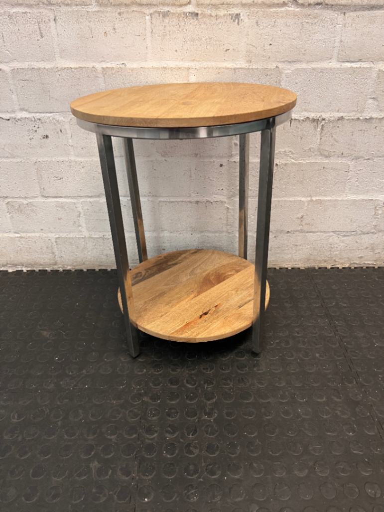 Round Wooden and Chrome Side Table with Lower Shelf — Fair Condition with Visible Wear - 2ndhandwarehouse.com
