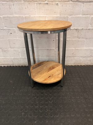 Round Wooden and Chrome Side Table with Lower Shelf — Fair Condition with Visible Wear - 2ndhandwarehouse.com
