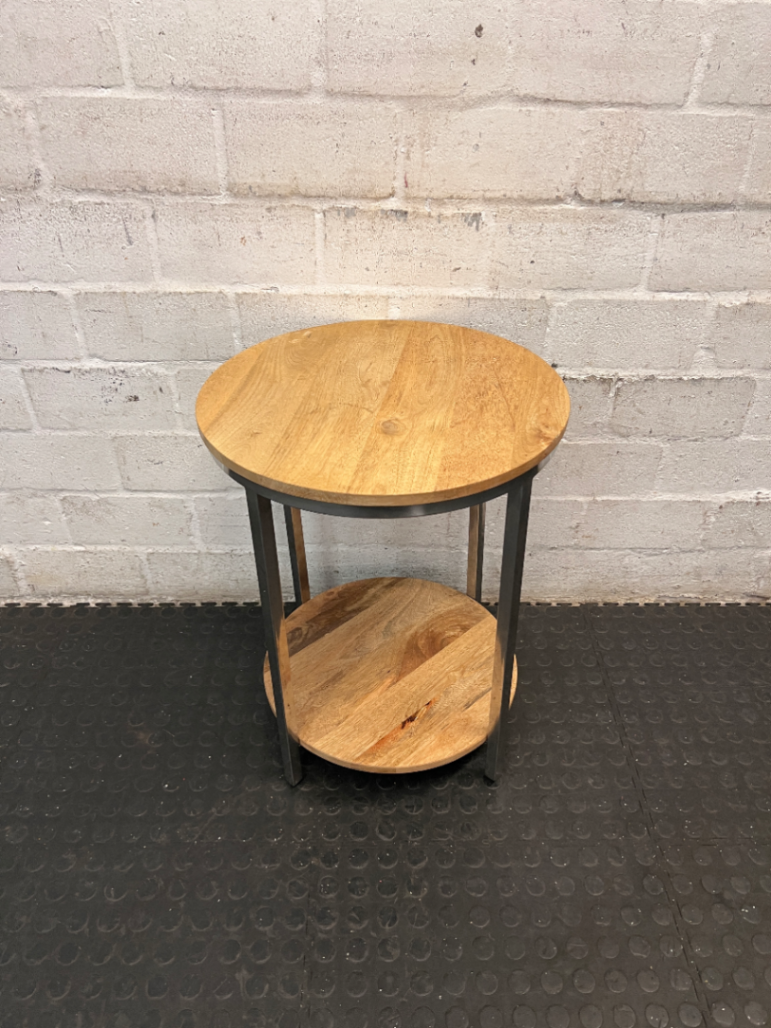 Round Wooden and Chrome Side Table with Lower Shelf — Fair Condition with Visible Wear - 2ndhandwarehouse.com