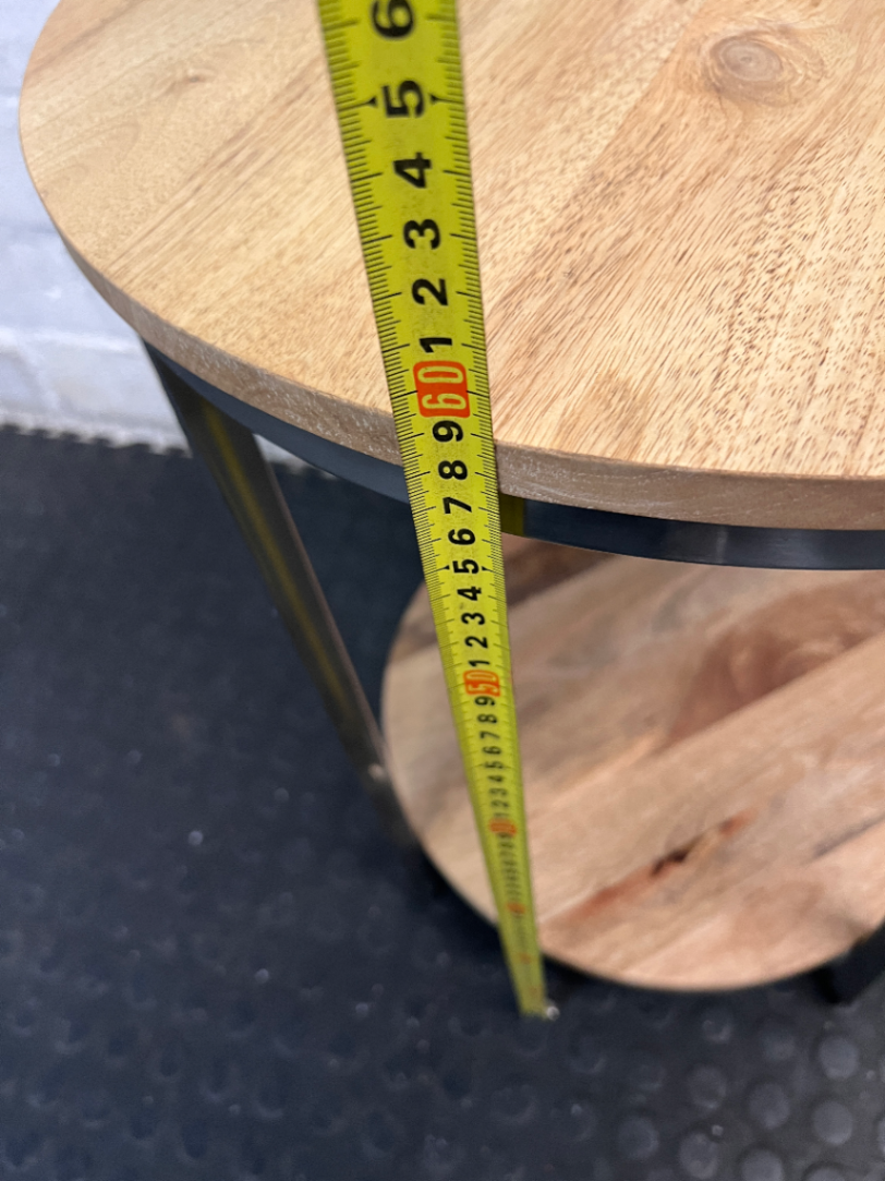 Round Wooden and Chrome Side Table with Lower Shelf — Fair Condition with Visible Wear - 2ndhandwarehouse.com