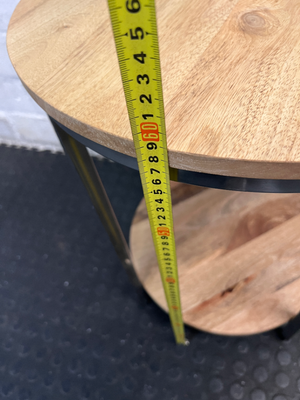 Round Wooden and Chrome Side Table with Lower Shelf — Fair Condition with Visible Wear - 2ndhandwarehouse.com