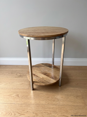 Round Wooden and Chrome Side Table with Lower Shelf — Fair Condition with Visible Wear - 2ndhandwarehouse.com