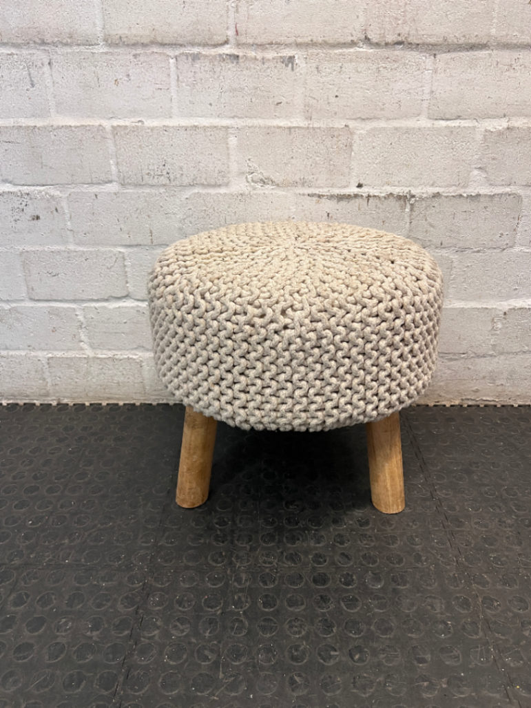 Round Woven Ottoman with Wooden Legs — Fair Condition with Signs of Previous Use